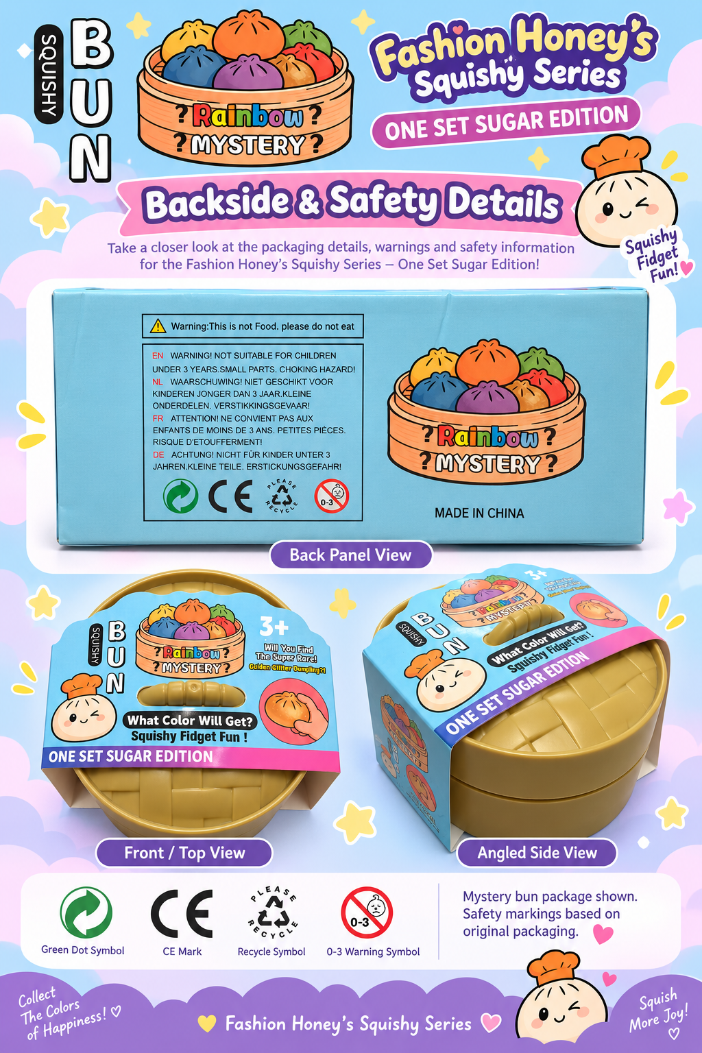 Sugar Edition Rainbow Mystery Bun squishy packaging back panel and safety information