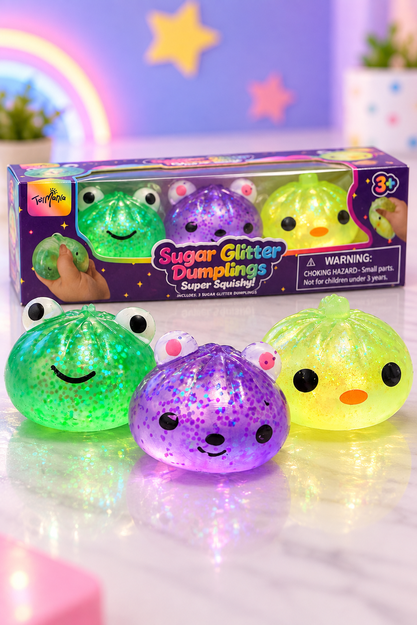 Sugar Glitter Dumplings three-pack with green purple and yellow squishies displayed
