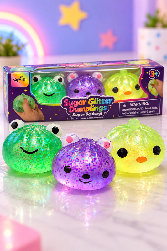 Sugar Glitter Dumplings three-pack with green purple and yellow squishies displayed