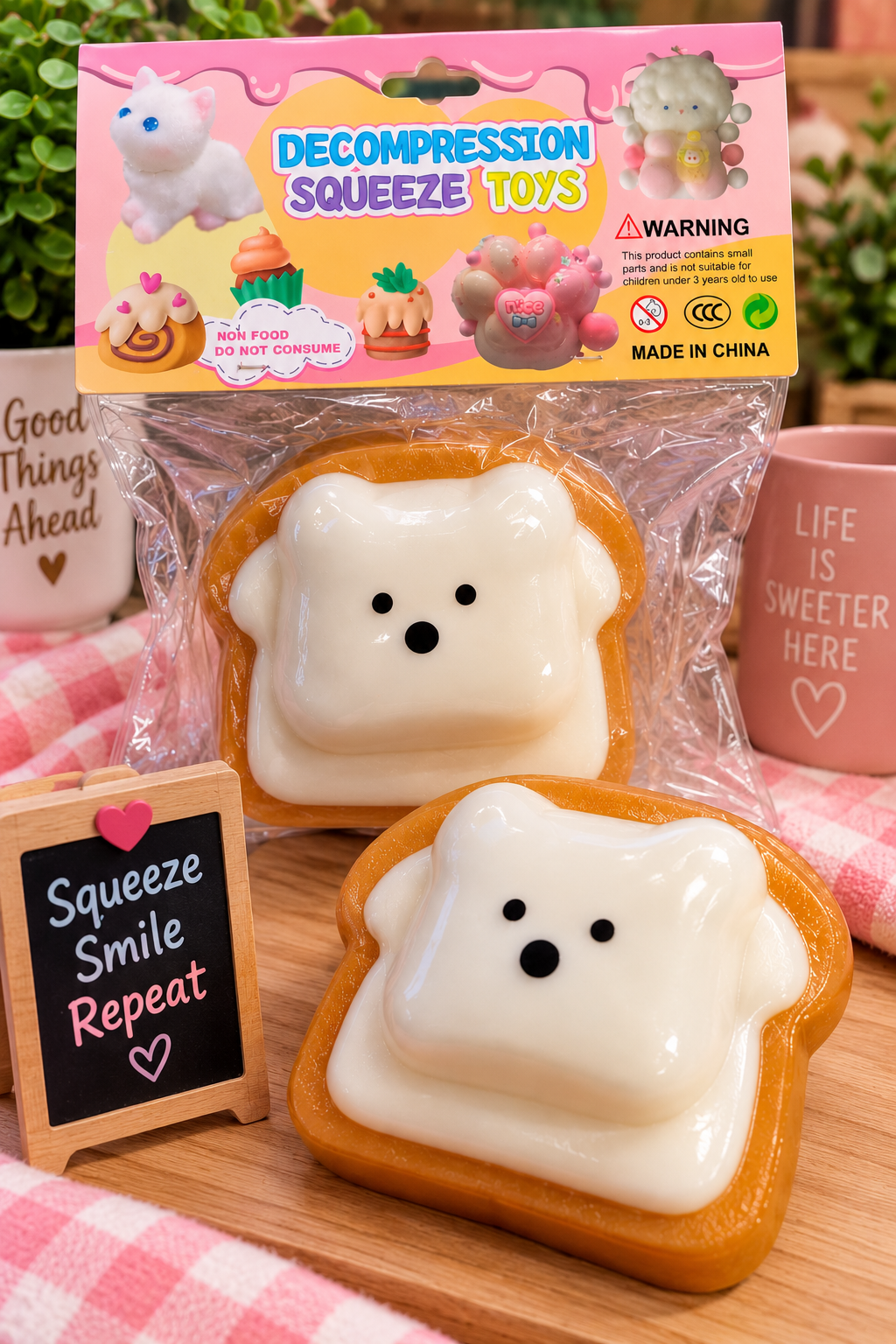 Two-layer Taba type toast squishy displayed beside original package