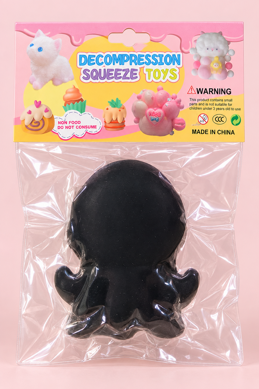 Illustrative back view of packaged hooded character squishy with safety warnings