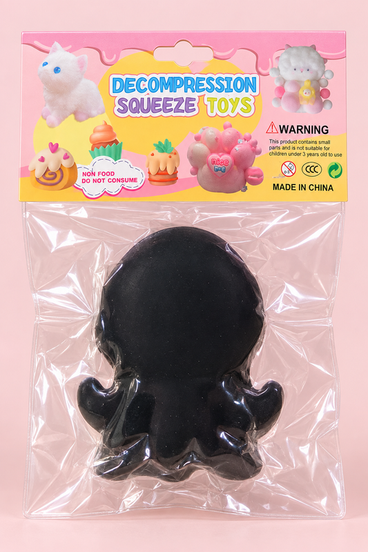 Illustrative back view of packaged hooded character squishy with safety warnings