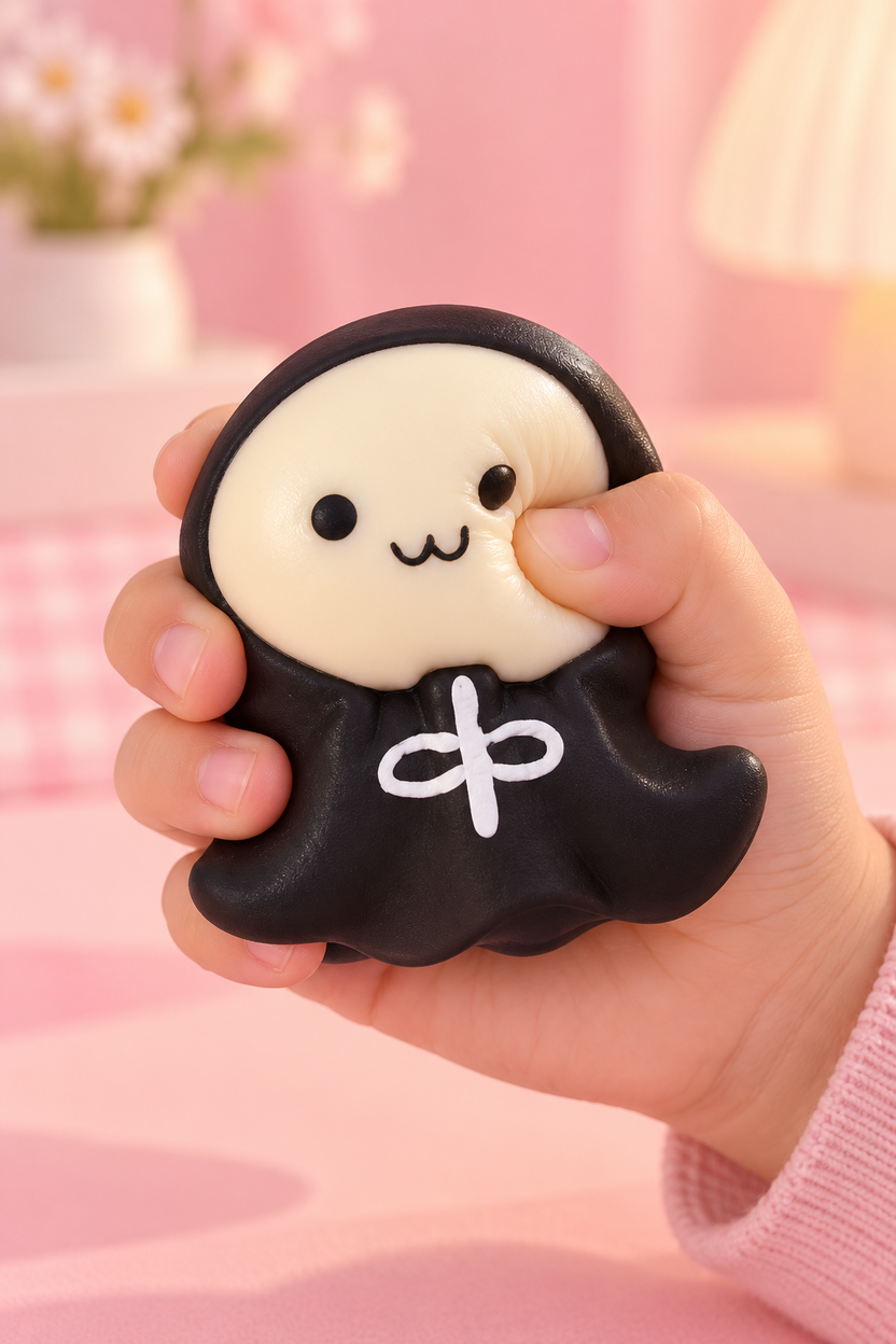Illustrative child hand squeezing the small hooded character toy