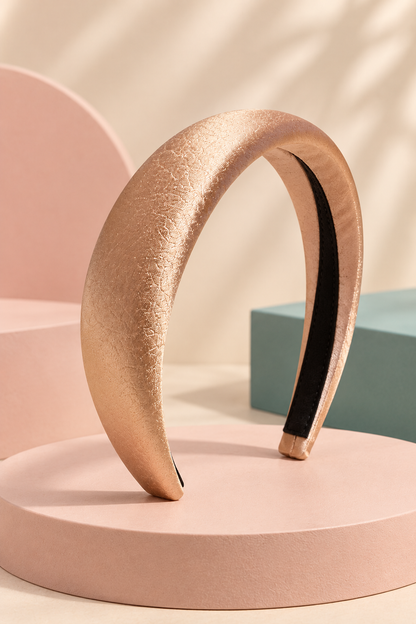 Champagne textured padded headband on a boutique display