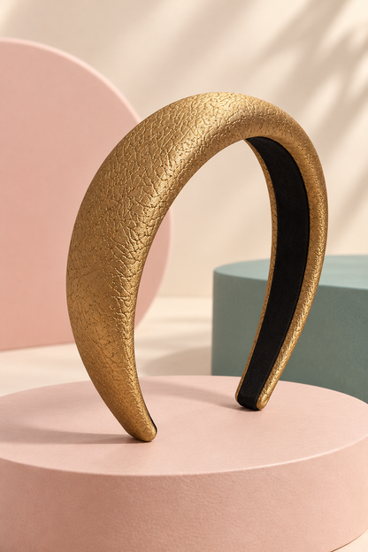 Gold textured padded headband on a boutique display