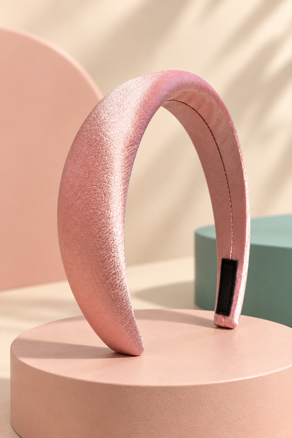 Pink textured padded headband on a boutique display