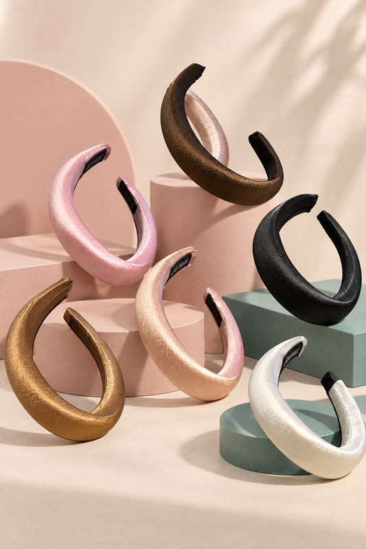 Six colors of textured padded headbands on boutique display blocks