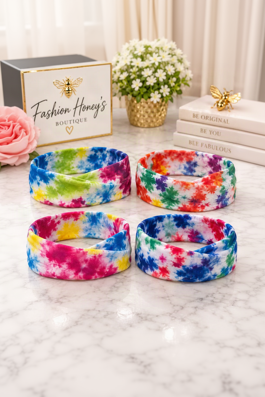 Four colorful tie dye fabric loop headbands without elastic, all color variants