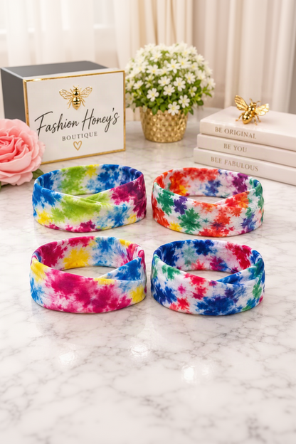 Four colorful tie dye fabric loop headbands without elastic, all color variants