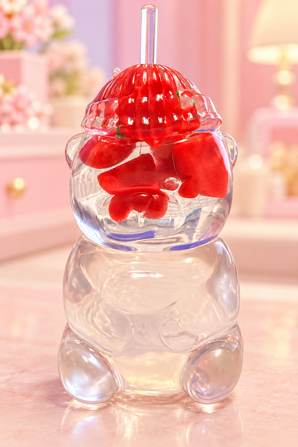 Close-up of clear Squeeze Bear squishy with little watermelon wedges inside its head