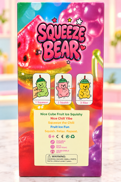 Squeeze Bear back packaging with ages 6+ guidance and readable choking-hazard warning