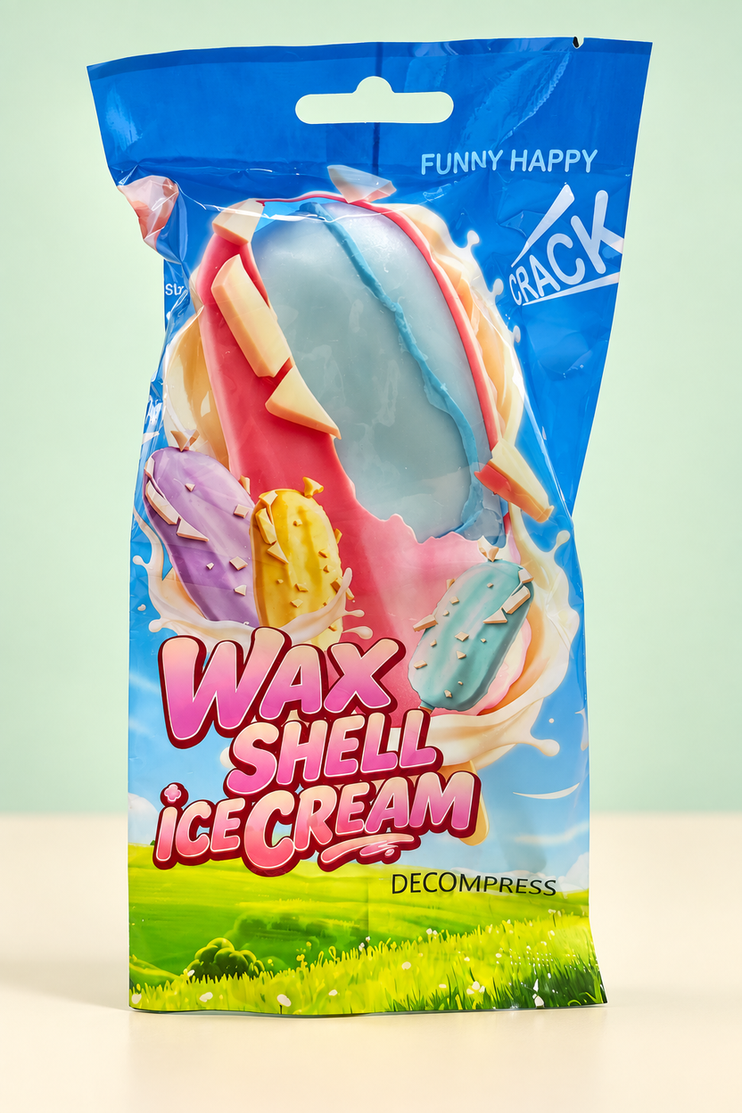 blue wax shell ice cream bar squishy in its pouch