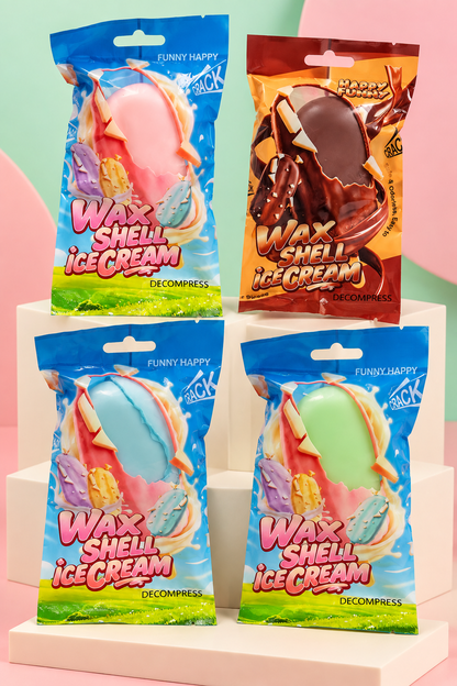 Four wax shell ice cream bar squishy color options in pouches