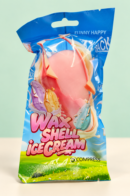 pink wax shell ice cream bar squishy in its pouch