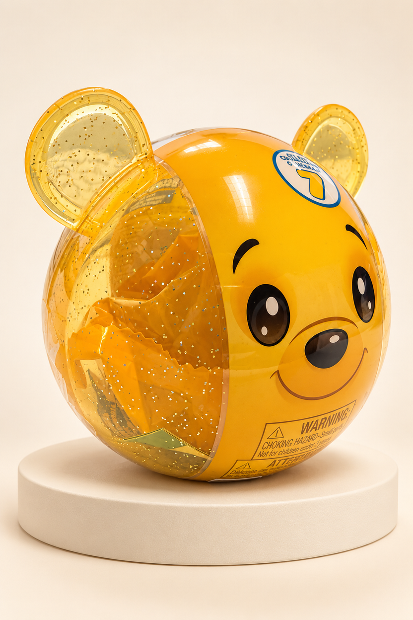 Sealed yellow glitter bear capsule, sharp left studio view on ivory pedestal